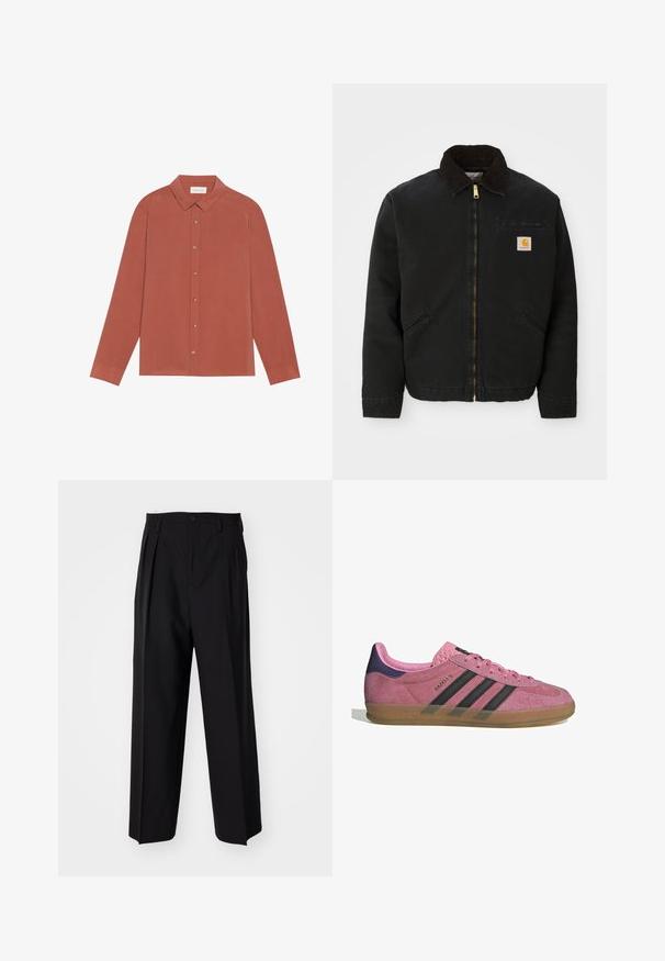 Crna jakna na zip s okovratnikom od smešnog kordura, dva bočna džepa i mala kvadratna oznaka Carhartt na lijevoj strani prsiju.; Košulja dugih rukava u boji hrđe s kragnom, kopčanjem na gumbi i ravnim manžetama. Glatka tekstura i čiste linije; bez uzoraka ili ukrasa.; Crne plisirane hlače s ravnim širokim nogavicama. Izrađene od glatkog materijala, s dugmadi za zatvaranje i petljama za remen.; Roze nubuk tenisice s crnim prugama, gumeni potplat i teksturirani ljubičasti petni dio. Imaju vezivanje i utisnuti brend na strani.