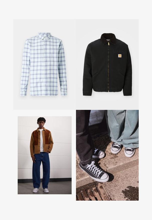 Giacca nera con zip e colletto in corduroy marrone, due tasche laterali e una piccola toppa quadrata con il logo Carhartt sul petto sinistro.; Camicia a scacchi azzurro chiaro e lavanda, colletto a camicia, maniche lunghe, taschino sul petto, tessuto di cotone, design casual.; Uomo che sta in piedi all'interno, indossando una giacca di velluto a coste marrone con macchie arrugginite, una maglietta bianca, jeans blu larghi e sneaker bianche.; Sneaker in tela nera basse con punte e lacci in gomma bianca, abbinate a pantaloni larghi in denim verde, su una superficie di pietra texturizzata.