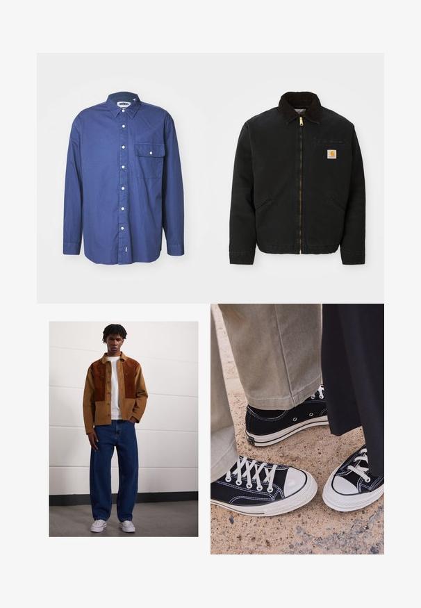 Črna jakna z zadrgo in ovratnikom iz rjave žameta, z dvema stranskima žepoma in majhno kvadratno oznako Carhartt na levem prsnem delu.; Morsko modra srajca z dolgimi rokavi in gumbom v tkanini, z označenim ovratnikom, sprednjim žepom in belimi gumbi ob zapenjanju.; Moški stoji v notranjosti, oblečen v rjav žametni jopič z rjavimi madeži, bel t-shirt, ohlapne modre kavbojke in bele superge.; Črne platnene superge z belimi gumijastimi kapicami in vezalkami. Kontrastno šivanje in kovinski ježki dodajajo detajle. Obute z bež hlačami in črno tkanino.