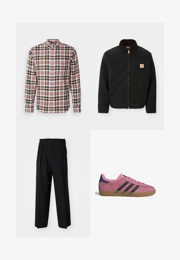 Černá zipová bunda s hnědým kordovým límcem, dvě boční kapsy a malá čtvercová nášivka s logem Carhartt na levé hrudi.; Kostkovaná košile s tlačítky, v červené, námořnické modré, žluté a bílé barvě, vyrobená z bavlny, s dlouhými rukávy a límečkem.; Černé skládací kalhoty s rovnými, širokými nohavicemi. Vyrobené z hladké tkaniny, se zapínáním na knoflík a poutky na opasek.; Růžové semišové tenisky s černými pruhy, gumovou podrážkou a strukturovaným fialovým podpatkem. Disponují šněrovacím designem a embosovaným logem na boku.