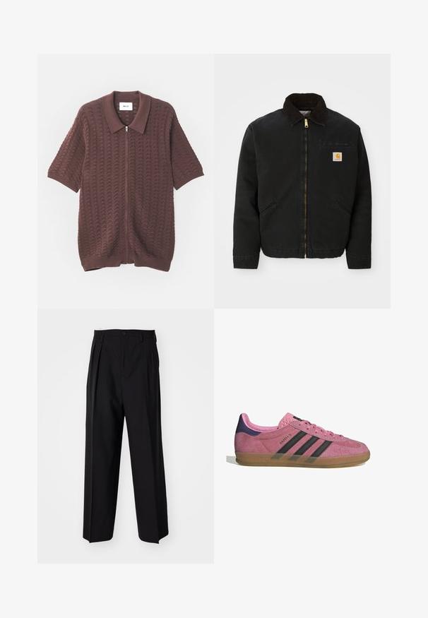 Melns zip-up jaka ar brūnu korduroja apkakli, divām sānu kabatām un mazu kvadrātveida Carhartt logotipa uzšuvumu kreisajā krūtī.; Īsām piedurknēm burgundijas krāsas adīta ķermeņa ar zīmējuma viļņiem un atvērtu apkakli, kurai ir ribotas piedurknes un apakšmala.; Melnas plisētās bikses ar taisnu, plata kāja dizainu. Izgatavotas no gludas auduma, ar pogu aizdari un jostas cilpiņām.; Rozā zamšādas sporta apavi ar melnām svītrām, gumijas zoli un teksturētu purpura papēdi. Iezīmējas ar auklēšanas dizainu un izspiestu zīmolu sānos.