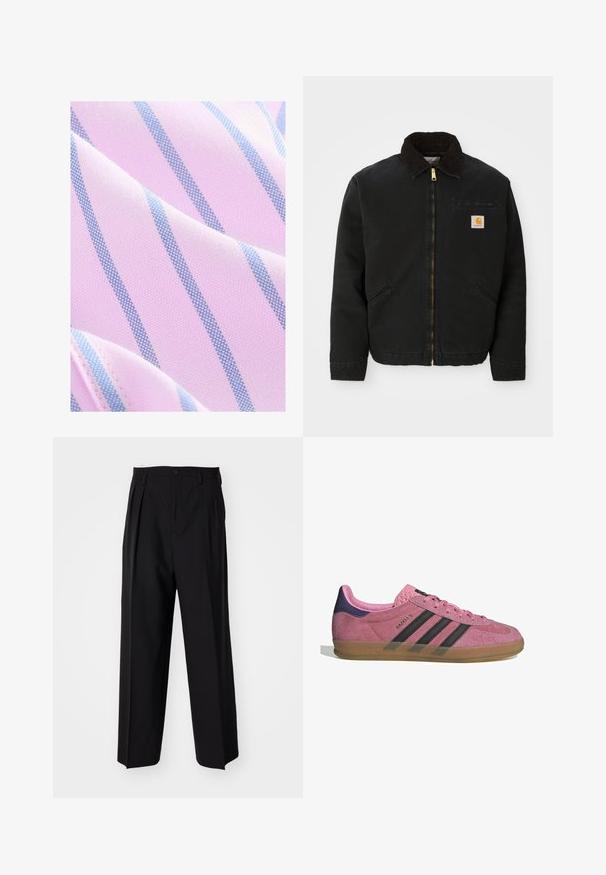 Crna jakna na zip s okovratnikom od smešnog kordura, dva bočna džepa i mala kvadratna oznaka Carhartt na lijevoj strani prsiju.; Next REGULAR FIT - Majica - pink blue; Crne plisirane hlače s ravnim širokim nogavicama. Izrađene od glatkog materijala, s dugmadi za zatvaranje i petljama za remen.; Roze nubuk tenisice s crnim prugama, gumeni potplat i teksturirani ljubičasti petni dio. Imaju vezivanje i utisnuti brend na strani.