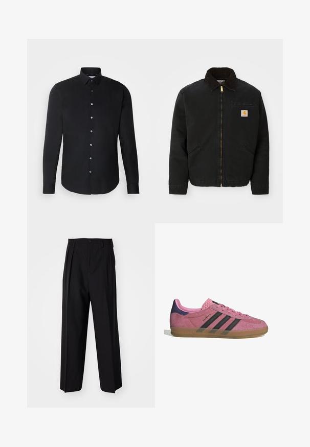 Juodas užtrauktukas švarkas su rudąja kordurojo apykakle, dviem šoninėm kišenėm ir mažas kvadratinis Carhartt logotipo pleistras kairėje krūtinės pusėje.; Juodas ilgomis rankovėmis marškinėliai su mygtukų apykakle, priekiniais mygtukais, tiesiu kraštu ir lygia tekstūra; subtilus logotipas ant krūtinės.; Juodi klostuoti kelnių, su tiesiu, plačiu kojų dizainu. Pagaminti iš lygios medžiagos, su mygtukų uždarymu ir diržo kilputėmis.; Rožiniai suediniai sportbačiai su juodomis juostelėmis, gumos padas ir tekstūruotas purpurinis kulnas. Yra šnarančios auselės ir įspaustas prekės ženklas šone.