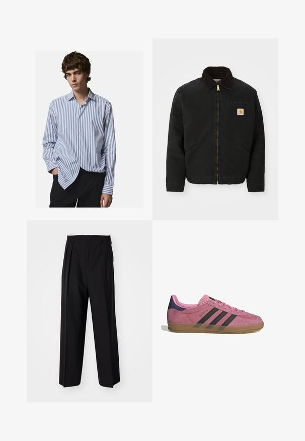 Zwarte ritsjack met een bruine corduroy kraag, twee zijzakken en een klein vierkant Carhartt logo-patch op de linkerborst.; Gestreept overhemd met knopen in wit en blauw. Kenmerkend voor een klassieke kraag, lange mouwen en een ontspannen pasvorm. Zachte stof met een lichte glans.; Zwarte geplooide broeken met een rechte, brede pijpontwerp. Gemaakt van soepele stof, met een knoopsluiting en riemlussen.; Roze suède sneaker met zwarte strepen, rubberen zool en textuur op de paarse hak. Voorzien van een vetersluiting en opgedrukte merknaam aan de zijkant.