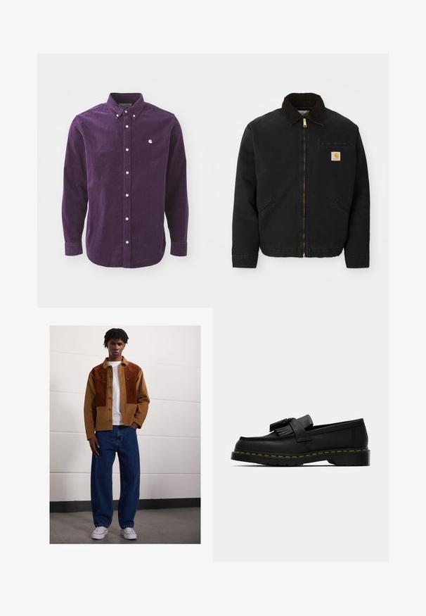 Chaqueta negra con cremallera y cuello de pana marrón, dos bolsillos laterales y un pequeño parche cuadrado con el logo de Carhartt en el lado izquierdo del pecho.; Camisa de pana morada con mangas largas, cierre de botones en la parte delantera y logo blanco en el pecho. Presenta un collar tradicional y mangas con puños.; Hombre de pie en interiores, vistiendo una chaqueta de pana marrón con parches de óxido, camiseta blanca, jeans azules holgados y zapatillas blancas.; Mocasín de cuero negro con borlas, costura amarilla a lo largo de la suela y una suela de goma gruesa y estriada.