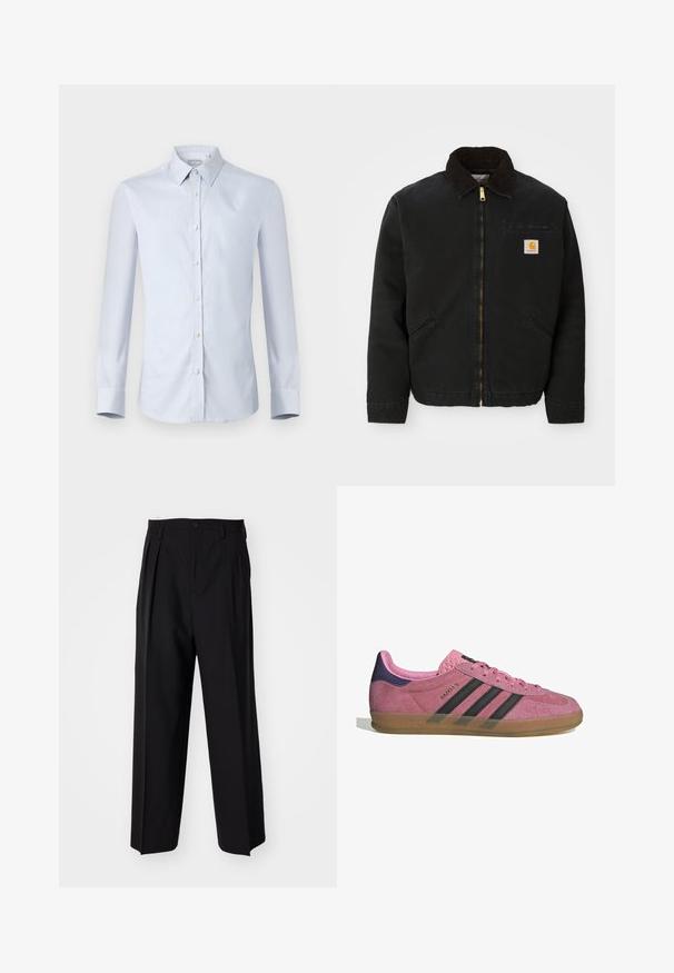 Giacca nera con zip e colletto in corduroy marrone, due tasche laterali e una piccola toppa quadrata con il logo Carhartt sul petto sinistro.; Camicia button-up azzurro chiaro con colletto strutturato e maniche lunghe, caratterizzata da un sottile motivo a griglia e bottoni bianchi lungo la parte anteriore.; Pantaloni neri a pieghe con un design dritto e gamba larga. Realizzati in tessuto morbido, con chiusura a bottone e passanti per cintura.; Sneaker in suede rosa con strisce nere, suola in gomma e tallone texturizzato viola. Presenta un design con lacci e un marchio in rilievo sul lato.