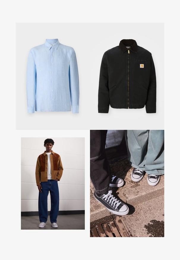 Mustan lukuga vest, millel on pruunist kangast krae, kaks küljetaskut ja väike ruudukujuline Carhartti logo patch vasakul rinnal.; Hele sinine, pika varrukaga nööbiga särk, mis on valmistatud tekstuuriga kangast. Omab klassikalist kraed ja esipoolt nööpide rida.; Mees seisab siseruumides, kandes pruuni rubriikjakki roosteplekkidega, valget T-särki, lahtisi siniseid teksaseid ja valgeid spordijalanõusid.; Mustad musta kangaga madalate tossudega, valgete kummist varvaste ja paeltega, kombineerituna laia rohelise denimpüksiga, tekstureeritud kivi pinna peal.
