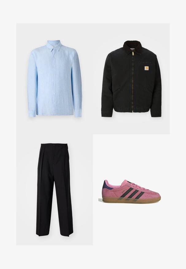 Black zip-up jacket with brown corduroy collar, two side pockets, and a small square Carhartt logo patch on the left chest.; Light blue, long-sleeve button-down shirt made of textured fabric. Features a classic collar and front button placket.; Black pleated trousers with a straight, wide-leg design. Made from smooth fabric, featuring a button closure and belt loops.; Pink suede sneaker with black stripes, gum sole, and textured purple heel. Features a lace-up design and embossed branding on the side.