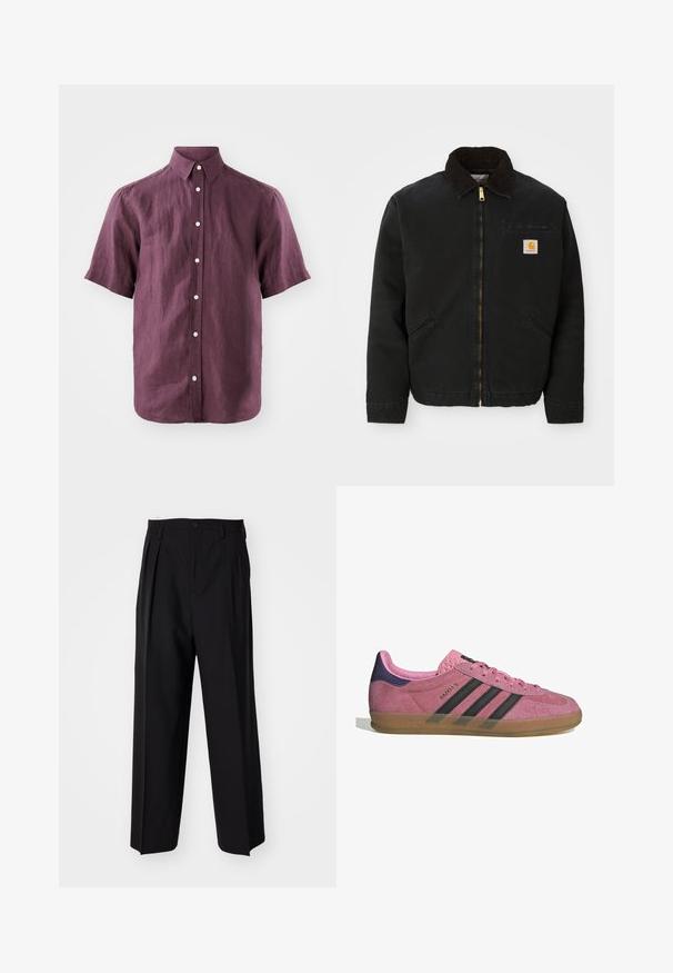 Zwarte ritsjack met een bruine corduroy kraag, twee zijzakken en een klein vierkant Carhartt logo-patch op de linkerborst.; Korte mouwen, button-up shirt van donkerpaarse linnen met een klassieke kraag en witte knopen, die een gestructureerde stof toont.; Zwarte geplooide broeken met een rechte, brede pijpontwerp. Gemaakt van soepele stof, met een knoopsluiting en riemlussen.; Roze suède sneaker met zwarte strepen, rubberen zool en textuur op de paarse hak. Voorzien van een vetersluiting en opgedrukte merknaam aan de zijkant.