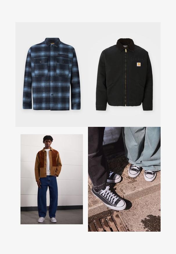 Fekete zipzáras dzseki barna kordbársony gallérral, két oldalsó zsebbe és egy kis négyzet alakú Carhartt logóval a bal mellen.; Gombos, hosszú ujjú ing kék és fekete kockás mintával, két elülső gombos mellzsebbel, és egy kis "Replay" címkével a bal zsebben.; Férfi áll bent egy barna kordbársony dzsekiben rozsdás foltokkal, fehér pólóban, laza kék farmerben és fehér sportcipőben.; Fekete vászon, alacsony szárú sportcipők fehér gumibókos részekkel és fűzőkkel, széles zöld farmernadrággal párosítva, egy textúrált kőfelületen.