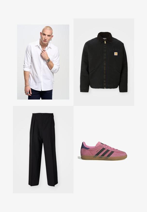 Melns zip-up jaka ar brūnu korduroja apkakli, divām sānu kabatām un mazu kvadrātveida Carhartt logotipa uzšuvumu kreisajā krūtī.; Baltā garenrukā piedurkņu krekls ar apkakli, ar sarkanu akcentu, kombinēts ar zilām džinsām. Aksesuāri ietver rotaslietas un pulksteni.; Melnas plisētās bikses ar taisnu, plata kāja dizainu. Izgatavotas no gludas auduma, ar pogu aizdari un jostas cilpiņām.; Rozā zamšādas sporta apavi ar melnām svītrām, gumijas zoli un teksturētu purpura papēdi. Iezīmējas ar auklēšanas dizainu un izspiestu zīmolu sānos.