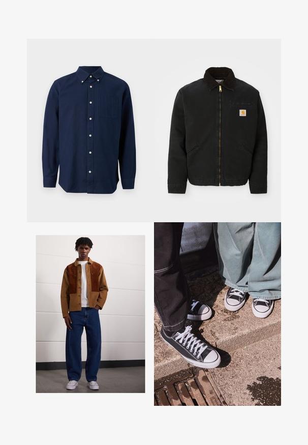 Mustan lukuga vest, millel on pruunist kangast krae, kaks küljetaskut ja väike ruudukujuline Carhartti logo patch vasakul rinnal.; Tumedast sinine pikem varrukas nuppupaita, millel on rinnaeend ja nööpidega krae, esitatud valge tausta ees.; Mees seisab siseruumides, kandes pruuni rubriikjakki roosteplekkidega, valget T-särki, lahtisi siniseid teksaseid ja valgeid spordijalanõusid.; Mustad musta kangaga madalate tossudega, valgete kummist varvaste ja paeltega, kombineerituna laia rohelise denimpüksiga, tekstureeritud kivi pinna peal.