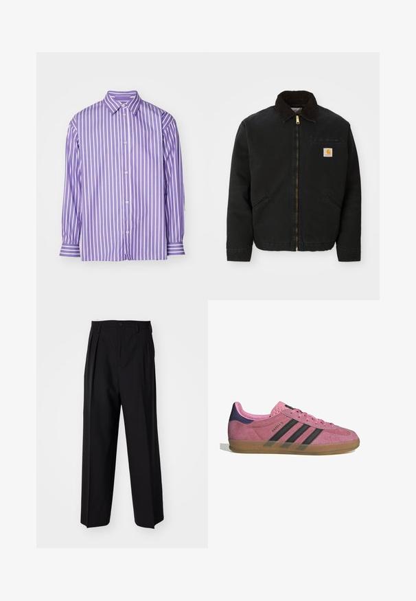 Casaco preto com fecho zip, colarinho de cabedal castanho, dois bolsos laterais e um pequeno patch quadrado com o logótipo da Carhartt no lado esquerdo do peito.; Camisa de mangas longas listrada em lavanda, com colarinho pontudo, fecho frontal com botões e listras brancas contrastantes nos punhos e no colarinho.; Calças pretas plissadas com um design reto e de perna larga. Feitas de um tecido liso, apresentam um fecho de botão e passantes para cinto.; Sapatilha de camurça rosa com riscas pretas, sola de borracha, e calcanhar texturizado roxo. Apresenta um design de atacadores e uma marcação em relevo na lateral.