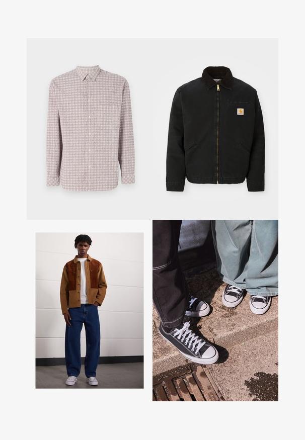 Černá zipová bunda s hnědým kordovým límcem, dvě boční kapsy a malá čtvercová nášivka s logem Carhartt na levé hrudi.; Košile s dlouhým rukávem a knoflíkovým zapínáním v světle růžové barvě s texturovaným čtvercovým vzorem. Bavlněná tkanina, klasický límeček a zapínání na knoflíky.; Muž stojící uvnitř, oblečený v hnědé kordové bundě se rezavými skvrnami, bílém tričku, volných modrých džínách a bílých teniskách.; Černé plátěné tenisky s nízkým střihem a bílými gumovými špičkami a tkaničkami, v kombinaci s širokými zelenými džínovými kalhotami, ležící na texturovaném kamenném povrchu.