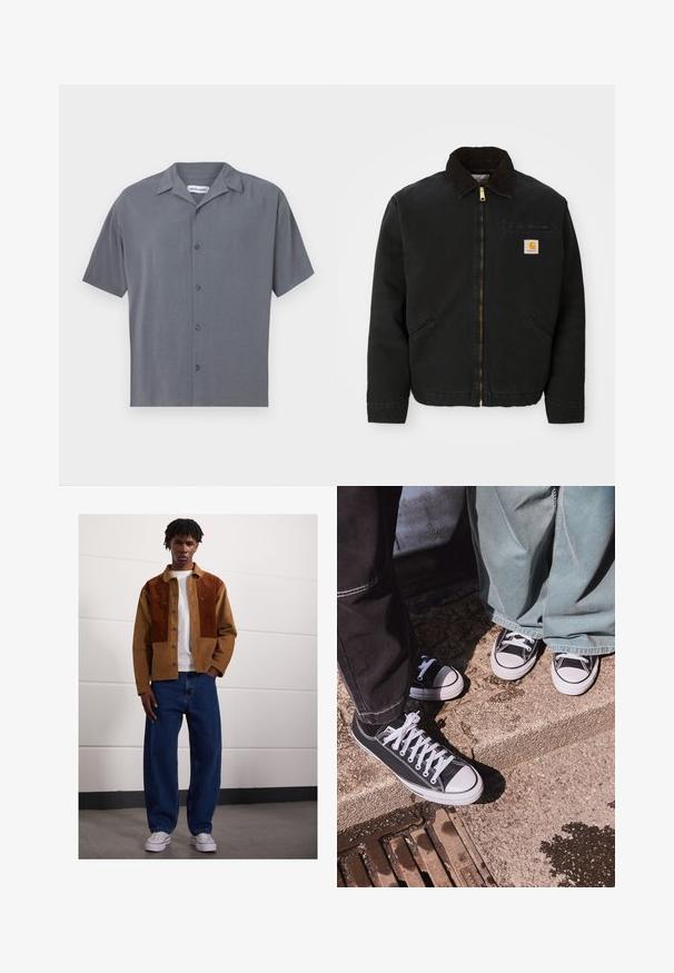 Zwarte ritsjack met een bruine corduroy kraag, twee zijzakken en een klein vierkant Carhartt logo-patch op de linkerborst.; Korte mouwen, knoopshirt in donkergrauw, gemaakt van gladde stof. Beschikt over een gespreide kraag en zes knopen aan de voorkant. Minimalistisch ontwerp.; Drie tanktops in wit, grijs en zwart. Elke tanktop heeft een klassiek mouwloos ontwerp, gemaakt van lichtgewicht katoen met een ribbelstructuur.; Man die binnen staat en een bruine corduroyjas met roestvlekken, een wit T-shirt, losse blauwe spijkerbroeken en witte sneakers draagt.; Zwarte canvas lage sneakers met witte rubberen neusdeksels en veters, gecombineerd met brede groene denim broeken, op een gestructureerd stenen oppervlak.