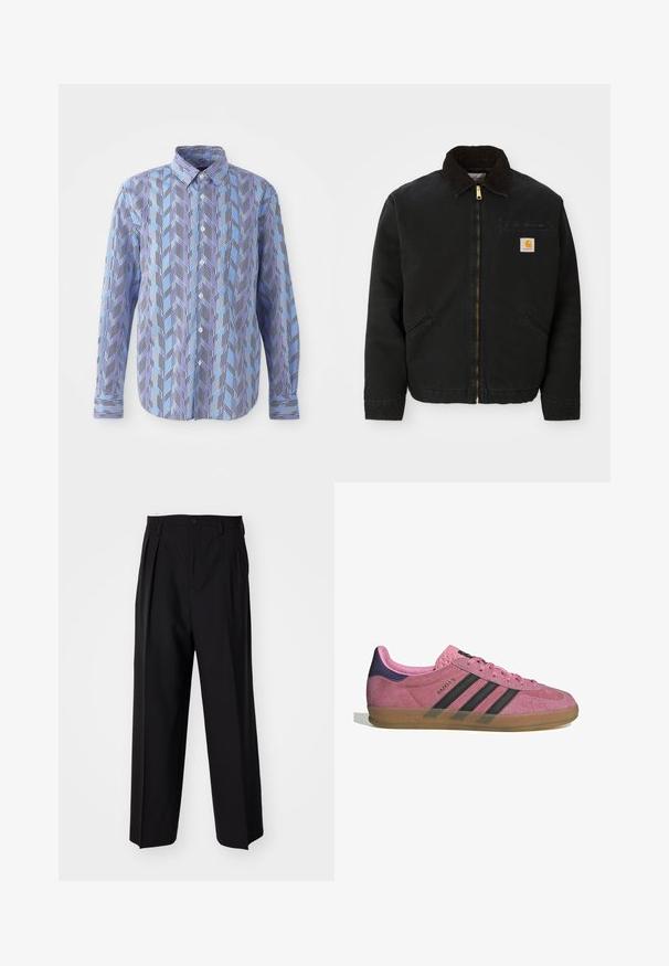 Giacca nera con zip e colletto in corduroy marrone, due tasche laterali e una piccola toppa quadrata con il logo Carhartt sul petto sinistro.; Camicia con bottoni caratterizzata da un motivo a zigzag blu e viola con strisce nere verticali, maniche lunghe e colletto classico.; Pantaloni neri a pieghe con un design dritto e gamba larga. Realizzati in tessuto morbido, con chiusura a bottone e passanti per cintura.; Sneaker in suede rosa con strisce nere, suola in gomma e tallone texturizzato viola. Presenta un design con lacci e un marchio in rilievo sul lato.