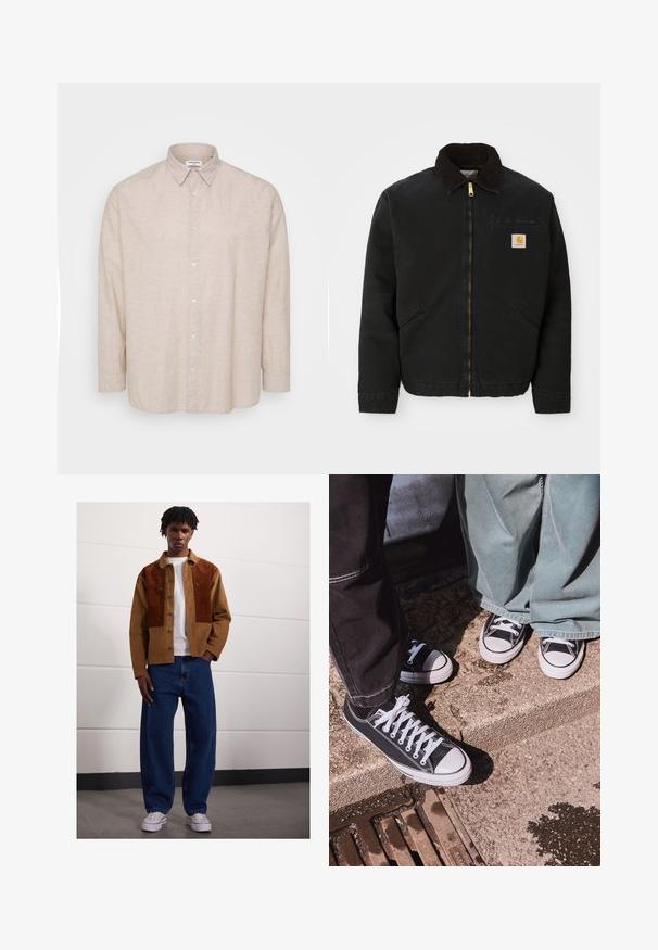 Črna jakna z zadrgo in ovratnikom iz rjave žameta, z dvema stranskima žepoma in majhno kvadratno oznako Carhartt na levem prsnem delu.; Svetlo bež srajca z dolgimi rokavi iz lanenega blaga, ki ima ovratnik s gumbi, sprednje gumbe in udoben kroj z manšeto na rokavih.; Moški stoji v notranjosti, oblečen v rjav žametni jopič z rjavimi madeži, bel t-shirt, ohlapne modre kavbojke in bele superge.; Črne platnene teniske z nizkim vrhom, belimi gumijastimi kapicami in vezalkami, v kombinaciji z širokimi zelenimi jeansi, na teksturirani kamniti površini.