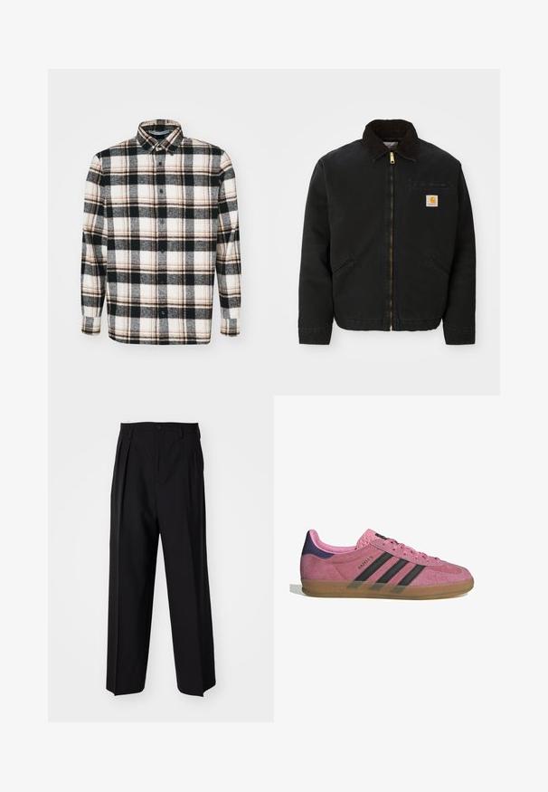 Zwarte ritsjack met een bruine corduroy kraag, twee zijzakken en een klein vierkant Carhartt logo-patch op de linkerborst.; Flanellen overhemd met een zwart, wit en grijs geruit patroon met bruine accenten. Lange mouwen, knoopsluiting aan de voorkant en standaard kraagontwerp.; Zwarte geplooide broeken met een rechte, brede pijpontwerp. Gemaakt van soepele stof, met een knoopsluiting en riemlussen.; Roze suède sneaker met zwarte strepen, rubberen zool en textuur op de paarse hak. Voorzien van een vetersluiting en opgedrukte merknaam aan de zijkant.