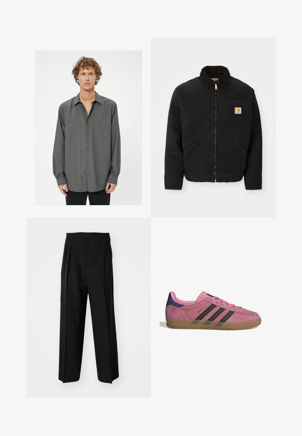 Czarna kurtka zapinana na zamek z brązowym kołnierzem z kordurowej tkaniny, dwa boczne kieszenie oraz mała, kwadratowa naszywka z logo Carhartt na lewej piersi.; Ciemnoszara koszula z długim rękawem z zapięciem na guziki, z delikatnym teksturowanym wzorem i klasycznym kołnierzykiem. Guziki są ciemnoszare.; Czarne plisowane spodnie o prostym, szerokim kroju nogawek. Wykonane z gładkiego materiału, z zapięciem na guzik i pętelkami na pasek.; Różowe zamszowe sneakersy z czarnymi paskami, gumową podeszwą i teksturowanym fioletowym piętą. Posiadają sznurowany design oraz wytłoczone logo na boku.