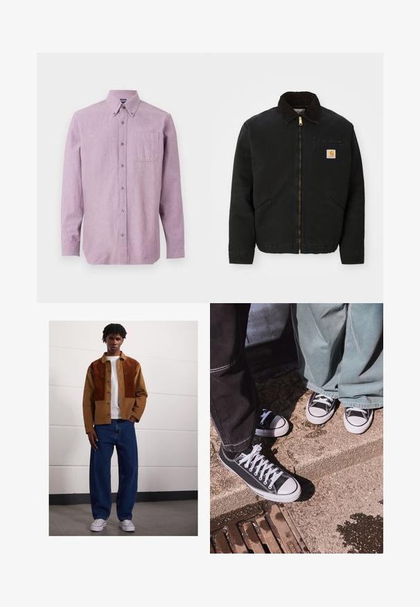 Sort zip-up jakke med brun kordfløjlskrave, to sidelommer og et lille firkantet Carhartt logo patch på venstre bryst.; Lavendel langærmet skjorte med knaplukning, knapdown krave og en brystlomme, vist mod en hvid baggrund.; Mand, der står indendørs iført en brun cordurojjakke med rustfarvede pletter, hvid t-shirt, løse blå jeans og hvide sneakers.; Sorte canvas low-top sneakers med hvide gummitåspidser og snørebånd, parret med brede grønne denim bukser, på en tekstureret stensoverflade.