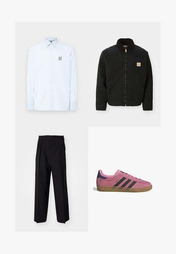 Svarte zip-up jakke med brun kordfløyelskrage, to sidelommer og en liten firkantet Carhartt-logo på venstre bryst.; Hackett London HERITAGE STRIPE - Finskjorte - sky blue; Sorte plissert bukser med en rett, bred benform. Laget av glatt stoff, med knappelukking og beltehemper.; Rosa semskesko med svarte striper, gummisåle og teksturert lilla hæl. Har en snøringdesign og preget merkevare på siden.