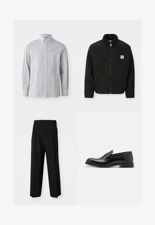 Giacca nera con zip e colletto in corduroy marrone, due tasche laterali e una piccola toppa quadrata con il logo Carhartt sul petto sinistro.; Camicia a righe grigio chiaro e bianca, in tessuto di cotone, maniche lunghe, una tasca sul petto, colletto classico, orlo dritto.; Pantaloni neri a pieghe con un design dritto e gamba larga. Realizzati in tessuto morbido, con chiusura a bottone e passanti per cintura.; Mocassini neri in pelle con una texture liscia, punta arrotondata e una striscia decorativa sulla tomaia. Tacco basso impilato, design minimalista.