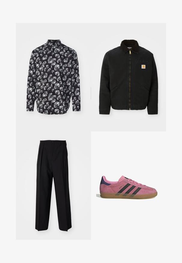 Čierna zipsová bunda s hnedým kordovým golierom, dvoma bočnými vreckami a malou štvorcovou nášivkou s logom Carhartt na ľavej hrudi.; Čierna košeľa s dlhým rukávom so vzorom bielej ruže, s golierom a zapínaním na gombíky. Vyrobená z ľahkej tkaniny s jemnou textúrou.; Čierne skladané nohavice s rovnom, širokým strihom. Vyrobené z hladkého materiálu, s gombíkovým zapínaním a pútkami na opasok.; Rúžové semišové tenisky s čiernymi pruhmi, gumovou podrážkou a textúrovaným fialovým podpätkom. Obsahujú šnurovací dizajn a embosované logo na strane.