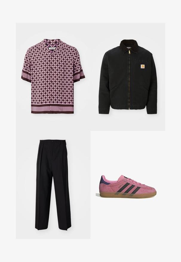 Juodas užtrauktukas švarkas su rudąja kordurojo apykakle, dviem šoninėm kišenėm ir mažas kvadratinis Carhartt logotipo pleistras kairėje krūtinės pusėje.; Trumpas rankovėmis marškinėliai su ruda ir rožine geometrine šalea, pagaminti iš lengvos medžiagos, su apykakle ir mygtukų uždarymu.; Juodi klostuoti kelnių, su tiesiu, plačiu kojų dizainu. Pagaminti iš lygios medžiagos, su mygtukų uždarymu ir diržo kilputėmis.; Rožiniai suediniai sportbačiai su juodomis juostelėmis, gumos padas ir tekstūruotas purpurinis kulnas. Yra šnarančios auselės ir įspaustas prekės ženklas šone.