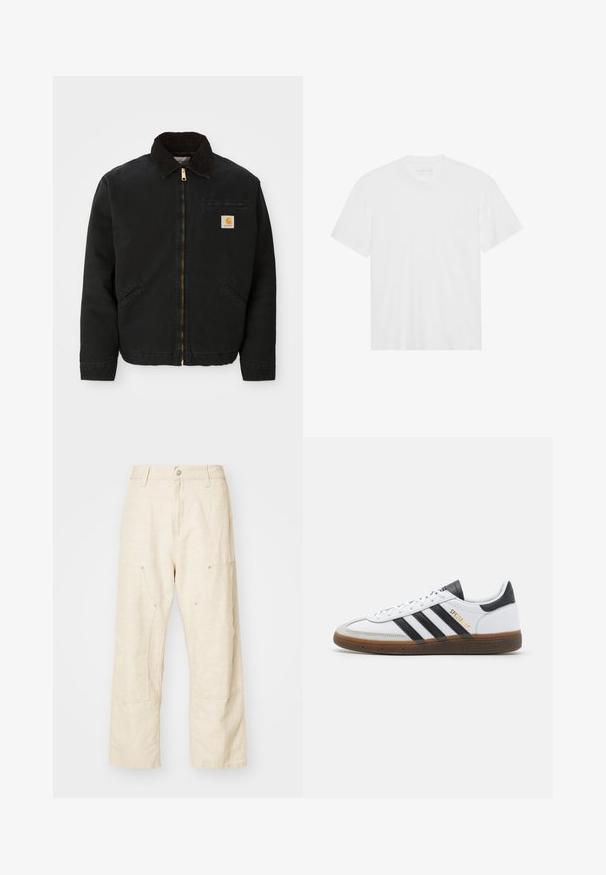 Fekete zipzáras dzseki barna kordbársony gallérral, két oldalsó zsebbe és egy kis négyzet alakú Carhartt logóval a bal mellen.; Fehér pamut póló rövid ujjakkal, kerek nyakkivágással és egyenes aljjal. Sima textúra, minimalista dizájn minta vagy díszítés nélkül.; Vászon, világosbézs színű, széles szárú nadrág, elülső zsebekkel, gombos záródással és látható varrási részletekkel, amelyek extra textúrát adnak.; Fehér bőr sportcipő fekete velúr részletekkel, három fekete csíkkal, bézs gumi talppal és arany "SPEZIAL" felirattal az oldalon.