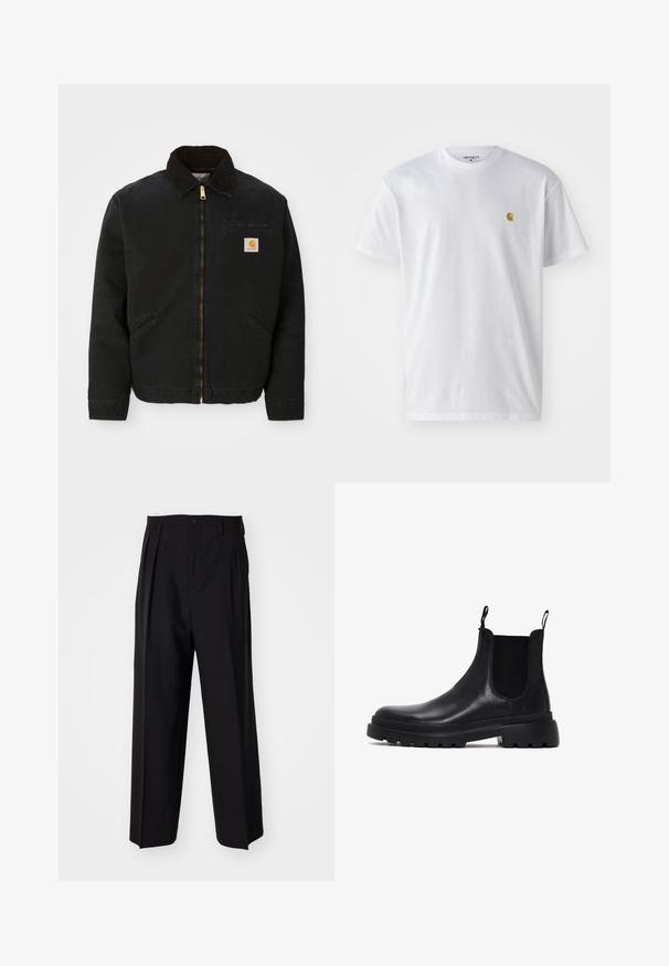 Giacca nera con zip e colletto in corduroy marrone, due tasche laterali e una piccola toppa quadrata con il logo Carhartt sul petto sinistro.; T-shirt bianco in cotone con maniche corte, con colletto girocollo, caratterizzato da un piccolo logo dorato sulla parte sinistra del petto. Tessuto morbido e vestibilità regolare.; Pantaloni neri a pieghe con un design dritto e gamba larga. Realizzati in tessuto morbido, con chiusura a bottone e passanti per cintura.; Stivali Chelsea neri in pelle con pannelli elastici ai lati, linguette per il tallone e suola in gomma spessa con battistrada testurizzato. Design classico alla caviglia.