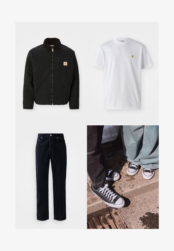 Giacca nera con zip e colletto in corduroy marrone, due tasche laterali e una piccola toppa quadrata con il logo Carhartt sul petto sinistro.; T-shirt bianco in cotone con maniche corte, con colletto girocollo, caratterizzato da un piccolo logo dorato sulla parte sinistra del petto. Tessuto morbido e vestibilità regolare.; Pantaloni di velluto a coste blu navy con taglio dritto, cinque tasche e chiusura con bottone. Presentano una texture a coste verticali e dettagli in metallo.; Sneaker in tela nera basse con punte e lacci in gomma bianca, abbinate a pantaloni larghi in denim verde, su una superficie di pietra texturizzata.