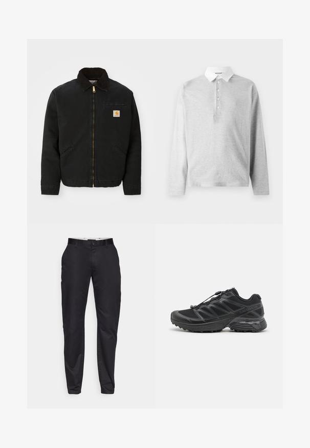 Melns zip-up jaka ar brūnu korduroja apkakli, divām sānu kabatām un mazu kvadrātveida Carhartt logotipa uzšuvumu kreisajā krūtī.; Gaiši pelēks garo piedurkņu polo krekls, kas izgatavots no mīksta auduma, ar baltu apkakli un četru pogu aizdari. Gluda tekstūra, ikdienišķs dizains.; Melnas bikses ar pieguļošu piegriezumu, ar plakanu priekšpusi, jostu cilpām un vienu pogu aizdari. Gluda auduma ar minimālu spīdumu.; Melna skrienošā apava ar sietveida un sintētisku augšdaļu, elastīgu zoli un elastīgām šņorēm. Iekļauta mīkstināta starpzole komfortam.