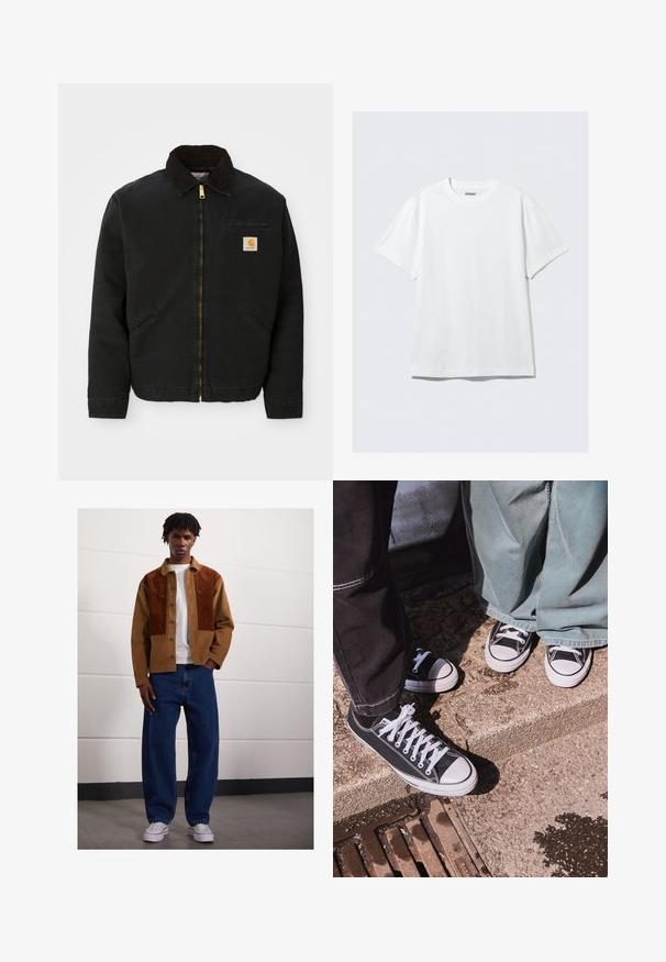 Zwarte ritsjack met een bruine corduroy kraag, twee zijzakken en een klein vierkant Carhartt logo-patch op de linkerborst.; Witte korte mouwen t-shirt gemaakt van zacht katoen. Heeft een ronde hals en een ontspannen pasvorm, met een gladde textuur en een schone, onopgesmukte uitstraling.; Man die binnen staat en een bruine corduroyjas met roestvlekken, een wit T-shirt, losse blauwe spijkerbroeken en witte sneakers draagt.; Zwarte canvas lage sneakers met witte rubberen neusdeksels en veters, gecombineerd met brede groene denim broeken, op een gestructureerd stenen oppervlak.