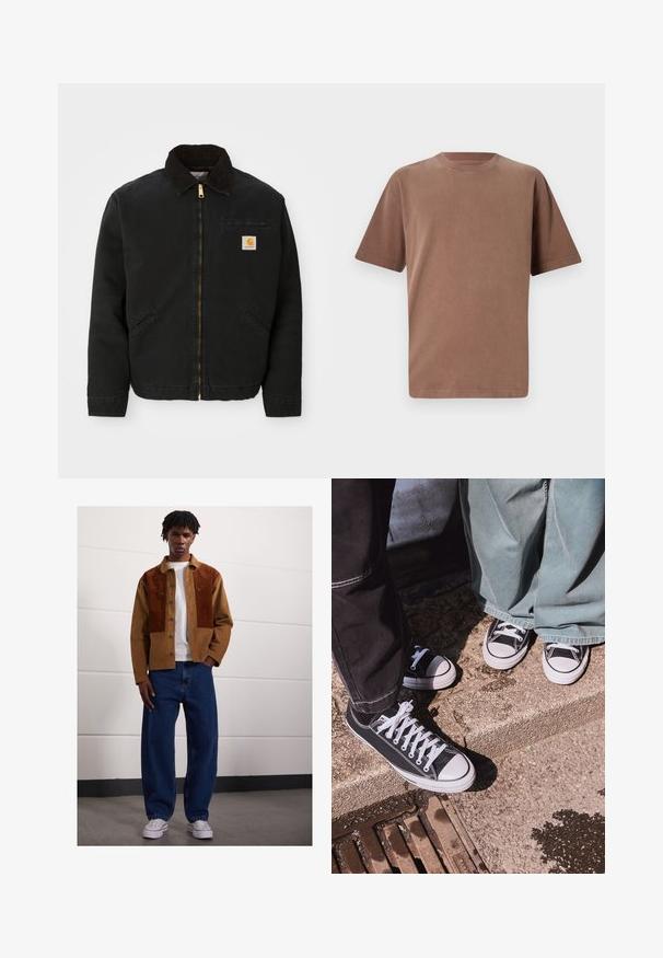 Černá zipová bunda s hnědým kordovým límcem, dvě boční kapsy a malá čtvercová nášivka s logem Carhartt na levé hrudi.; Hnědá bavlněná tričko s kulatým výstřihem, krátkými rukávy a volným střihem. Hladká textura s jednoduchým designem a bez viditelných vzorů.; Muž stojící uvnitř, oblečený v hnědé kordové bundě se rezavými skvrnami, bílém tričku, volných modrých džínách a bílých teniskách.; Černé plátěné tenisky s nízkým střihem a bílými gumovými špičkami a tkaničkami, v kombinaci s širokými zelenými džínovými kalhotami, ležící na texturovaném kamenném povrchu.