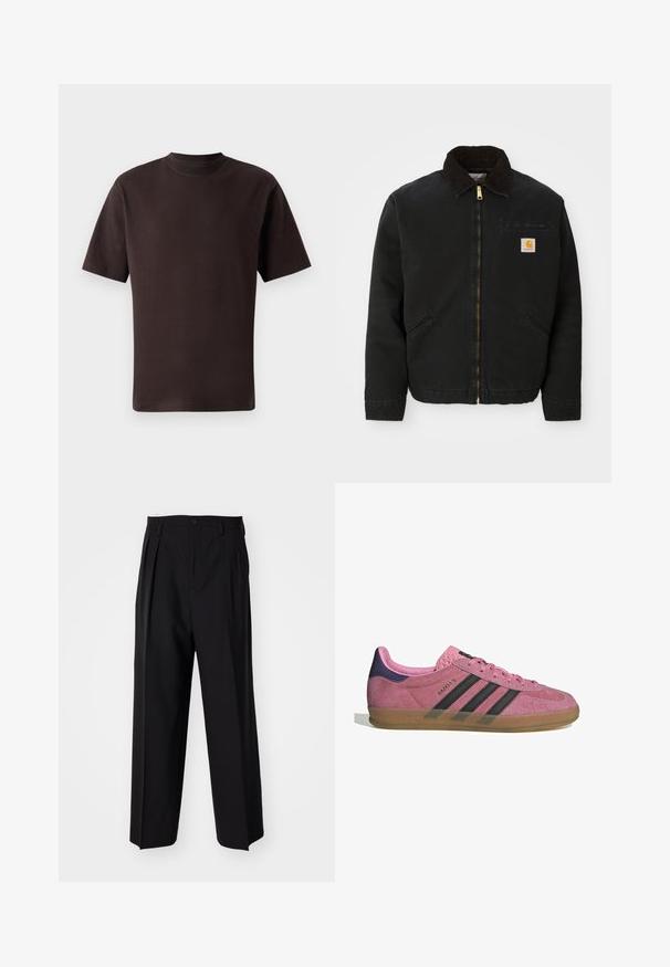 Melns zip-up jaka ar brūnu korduroja apkakli, divām sānu kabatām un mazu kvadrātveida Carhartt logotipa uzšuvumu kreisajā krūtī.; Tumši brūns īsās piedurknes T-krekls, izgatavots no mīkstas kokvilnas, ar apaļu kakla izgriezumu un brīvu piegriezumu bez redzamām rakstām vai akcentiem.; Melnas plisētās bikses ar taisnu, plata kāja dizainu. Izgatavotas no gludas auduma, ar pogu aizdari un jostas cilpiņām.; Rozā zamšādas sporta apavi ar melnām svītrām, gumijas zoli un teksturētu purpura papēdi. Iezīmējas ar auklēšanas dizainu un izspiestu zīmolu sānos.