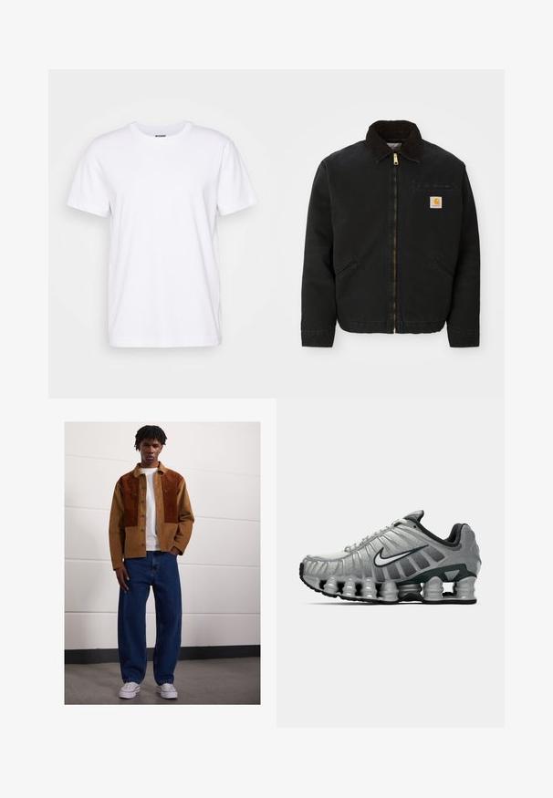 Zwarte ritsjack met een bruine corduroy kraag, twee zijzakken en een klein vierkant Carhartt logo-patch op de linkerborst.; Witte katoenen t-shirt met een ronde hals en korte mouwen. Heeft een rechte snit en de merknaam "WEEKDAY" gedrukt aan de binnenkant van de kraag.; Man die binnen staat en een bruine corduroyjas met roestvlekken, een wit T-shirt, losse blauwe spijkerbroeken en witte sneakers draagt.; Grijze en zwarte Nike hardloopschoen met zichtbare veerachtige demping onder de zool en een wit swoosh-logo aan de zijkant.