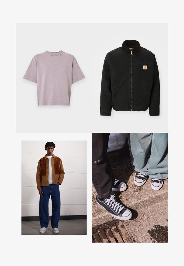 Svart zip-up jacka med brunt kordflöjlskrage, två sidofickor och en liten fyrkantig Carhartt-logotyp på vänster bröst.; Kortärmad t-shirt med rund halsringning i mjuk lavendelfärgad tyg. Lätt oversized passform, med subtil textur och uppsydda fållar.; Man som står inomhus och bär en brun kordflodjacka med rostfärgade fläckar, vit t-shirt, lösa blå jeans och vita sneakers.; Svarta canvas låga sneakers med vita gummikappor och snören, tillsammans med breda gröna denimbyxor, på en strukturerad stenyta.