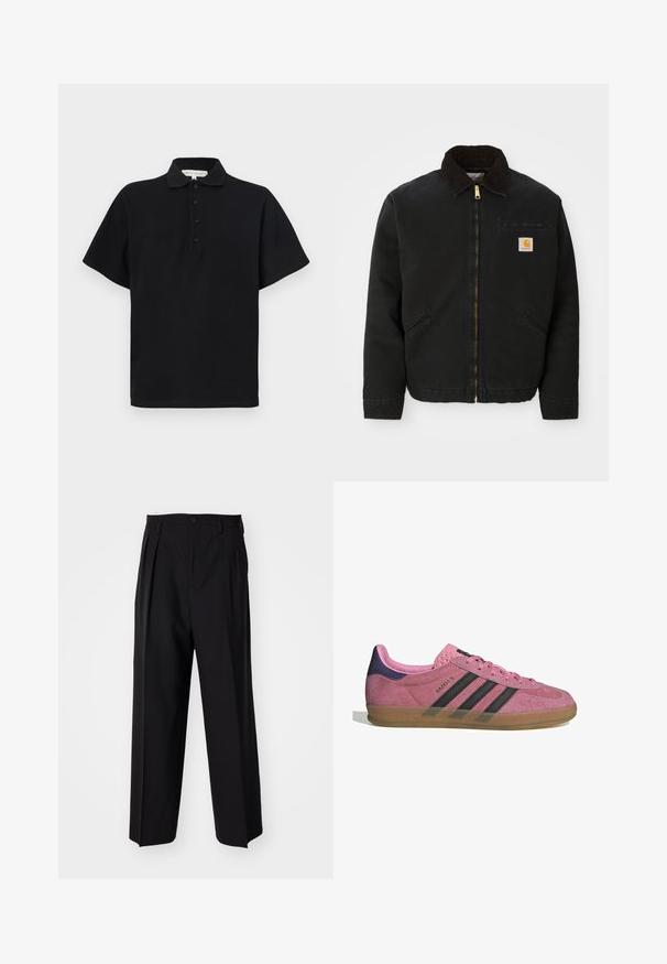 Čierna zipsová bunda s hnedým kordovým golierom, dvoma bočnými vreckami a malou štvorcovou nášivkou s logom Carhartt na ľavej hrudi.; Čierne polo tričko s krátkymi rukávmi, vyrobené z jemnej bavlny. Vybavené golierom a zapínaním na štyri gombíky. Jednoduchý, minimalistický dizajn.; Čierne skladané nohavice s rovnom, širokým strihom. Vyrobené z hladkého materiálu, s gombíkovým zapínaním a pútkami na opasok.; Rúžové semišové tenisky s čiernymi pruhmi, gumovou podrážkou a textúrovaným fialovým podpätkom. Obsahujú šnurovací dizajn a embosované logo na strane.