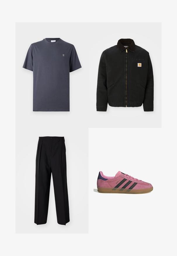 Czarna kurtka zapinana na zamek z brązowym kołnierzem z kordurowej tkaniny, dwa boczne kieszenie oraz mała, kwadratowa naszywka z logo Carhartt na lewej piersi.; Ciemnoszary bawełniany T-shirt z okrągłym dekoltem, krótkimi rękawami i małym, białym haftowanym logo "II" po lewej stronie klatki piersiowej.; Czarne plisowane spodnie o prostym, szerokim kroju nogawek. Wykonane z gładkiego materiału, z zapięciem na guzik i pętelkami na pasek.; Różowe zamszowe sneakersy z czarnymi paskami, gumową podeszwą i teksturowanym fioletowym piętą. Posiadają sznurowany design oraz wytłoczone logo na boku.