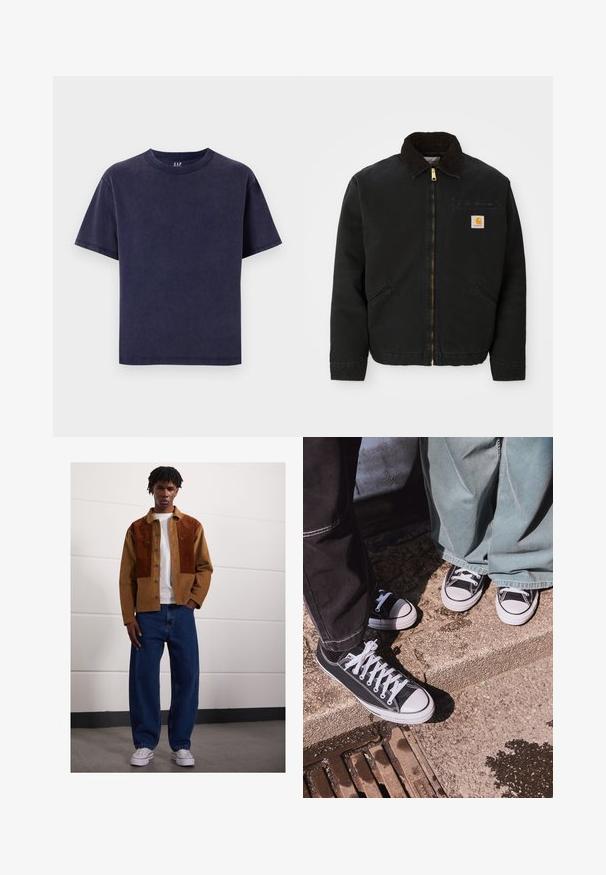 Melns zip-up jaka ar brūnu korduroja apkakli, divām sānu kabatām un mazu kvadrātveida Carhartt logotipa uzšuvumu kreisajā krūtī.; Tumši zils kokvilnas T-krekls ar apaļu kakla izgriezumu, īsām piedurknēm un brīvu piegriezumu. Tam ir viendabīga krāsa un nav redzamu rakstu vai akcentu.; Vīrietis stāv telpās, ģērbies brūnā korduroja jaciņā ar rūsas pleķiem, baltā T-kreklā, brīvās zilās džinsās un baltās sporta kurpēs.; Melnas kanvas zemo profilu kedas ar baltām gumijas purngaliem un šņorēm, apvienotas ar platām zaļām džinsa biksēm, uz teksturētas akmens virsmas.