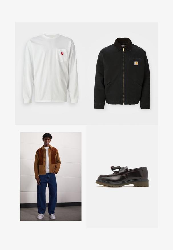 Juodas užtrauktukas švarkas su rudąja kordurojo apykakle, dviem šoninėm kišenėm ir mažas kvadratinis Carhartt logotipo pleistras kairėje krūtinės pusėje.; Balta ilgomis rankovėmis marškinėliai, pagaminti iš medvilnės, su kairėje krūtinės pusėje esančia kišenėle, dekoruota raudona širdies aplikacija. Klasikinis apvalus kaklas ir gipiūras rankogaliai.; Vyras, stovintis patalpose, apsirengęs rudų veliūrinių švarku su rust spalvos dėmėmis, balta marškinėliais, laisvomis mėlynomis džinsomis ir baltais sportbačiais.; Rudi odiniai loafers su pynimo ornamentu, turintys pompom detalę ir plokščią guminę padą. Išskirtinis sklandus paviršius su kontrastingais siūlais.