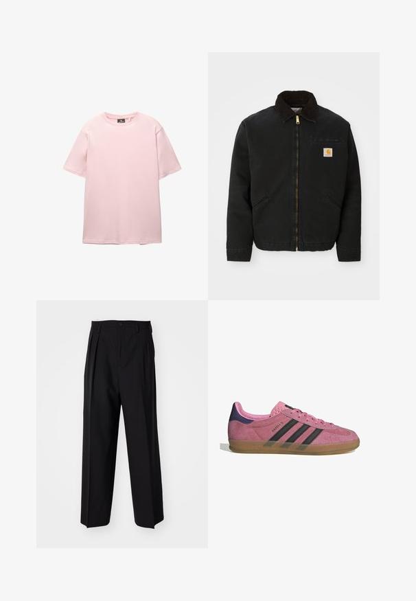 Mustapaita, jossa on ruskea corduroy-kaulus, kaksi sivutaskua ja pieni neliömäinen Carhartt-logopatchi vasemmassa rinnassa.; PULL&BEAR JOIN LIFE - T-paita - pink; Mustat laskostetut housut, joissa on suora, leveä lahje. Valmistettu sileästä kankaasta, jossa on nappisuljenta ja vyölenkit.; Vaaleanpunaiset mokkanahkakengät mustilla raidoilla, kumipohjalla ja teksturoidulla purppurakorkealla. Varustettu nauhakiinnityksellä ja kohokuvioidulla brändäyksellä sivussa.