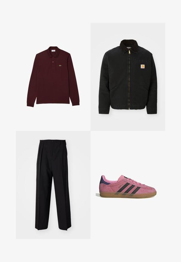 Svart zip-up jacka med brunt kordflöjlskrage, två sidofickor och en liten fyrkantig Carhartt-logotyp på vänster bröst.; Bordeaux långärmad polo skjorta i bomull, med klassisk krage, tvåknappsslutning, och en grön broderad krokodil-logotyp.; Svarta plisserade byxor med en rak, bred bendesign. Tillverkade av ett slätt tyg, med knäppning fram och bälteshällor.; Rosa mockasnöre med svarta ränder, gummsula och texturerad lila häl. Har en snörningsdesign och prägling på sidan.