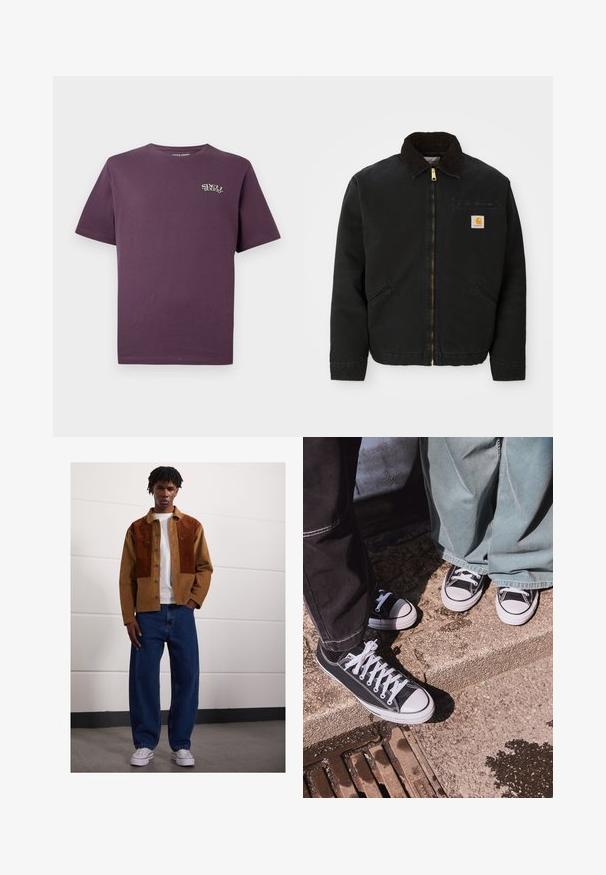 Zwarte ritsjack met een bruine corduroy kraag, twee zijzakken en een klein vierkant Carhartt logo-patch op de linkerborst.; Donkerpaarse katoenen t-shirt met korte mouwen, ronde halslijn en een klein 'Spell Bound' logo in het wit op de linkerborst.; Man die binnen staat en een bruine corduroyjas met roestvlekken, een wit T-shirt, losse blauwe spijkerbroeken en witte sneakers draagt.; Zwarte canvas lage sneakers met witte rubberen neusdeksels en veters, gecombineerd met brede groene denim broeken, op een gestructureerd stenen oppervlak.