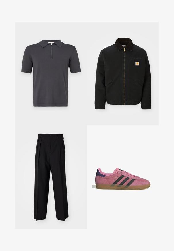 Mustan lukuga vest, millel on pruunist kangast krae, kaks küljetaskut ja väike ruudukujuline Carhartti logo patch vasakul rinnal.; Lühikeste varrukatega polo särk tumehallis värvuses, millel on kaelus ja pooltõmme ees. Valmistatud pehmest materjalist, millel on sile tekstuur.; Mustad volditud püksid sirge ja laia säärega disainiga. Valmistatud siledast kangast, millel on nuppudega sulgemine ja vööaasad.; Roosa seemneviziga toss, millel on mustad triibud, kummist soon, ja tekstureeritud lilla konts. Omab nööridega sulgemist ja reljeefset brändingut küljel.