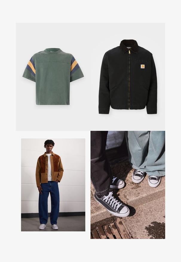 Black zip-up jacket with brown corduroy collar, two side pockets, and a small square Carhartt logo patch on the left chest.; Green cotton t-shirt with short sleeves, featuring navy and mustard stripes on the shoulders and a simple crew neckline.; Man standing indoors wearing a brown corduroy jacket with rust patches, white t-shirt, loose blue jeans, and white sneakers.; Black canvas low-top sneakers with white rubber toe caps and laces, paired with wide green denim pants, on a textured stone surface.