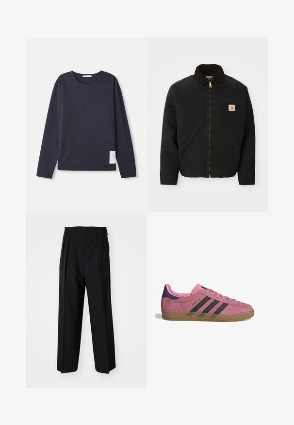 Melns zip-up jaka ar brūnu korduroja apkakli, divām sānu kabatām un mazu kvadrātveida Carhartt logotipa uzšuvumu kreisajā krūtī.; Tumšs zila krāsas kokvilnas krekliņš ar garām piedurknēm un apaļu kakla izgriezumu, piedāvā mīkstu tekstūru un nelielu baltu birku kreisajā pusē.; Melnas plisētās bikses ar taisnu, plata kāja dizainu. Izgatavotas no gludas auduma, ar pogu aizdari un jostas cilpiņām.; Rozā zamšādas sporta apavi ar melnām svītrām, gumijas zoli un teksturētu purpura papēdi. Iezīmējas ar auklēšanas dizainu un izspiestu zīmolu sānos.