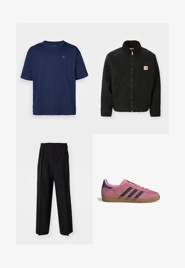 Fekete zipzáras dzseki barna kordbársony gallérral, két oldalsó zsebbe és egy kis négyzet alakú Carhartt logóval a bal mellen.; Sötétkék pamut póló, kerek nyakkal, rövid ujjakkal és egy kis, tónusos logóval a mellkason. Lazán szabott, sima textúrájú.; Fekete, pliszírozott nadrág, egyenes, széles lábakkal. Sima anyagból készült, gombos záródással és övhurkokkal rendelkezik.; Rózsaszín velúr sportcipő fekete csíkkal, gumi talppal és texturált lila sarokkal. Fűzős kialakítással és a márka dombornyomott logójával az oldalon.