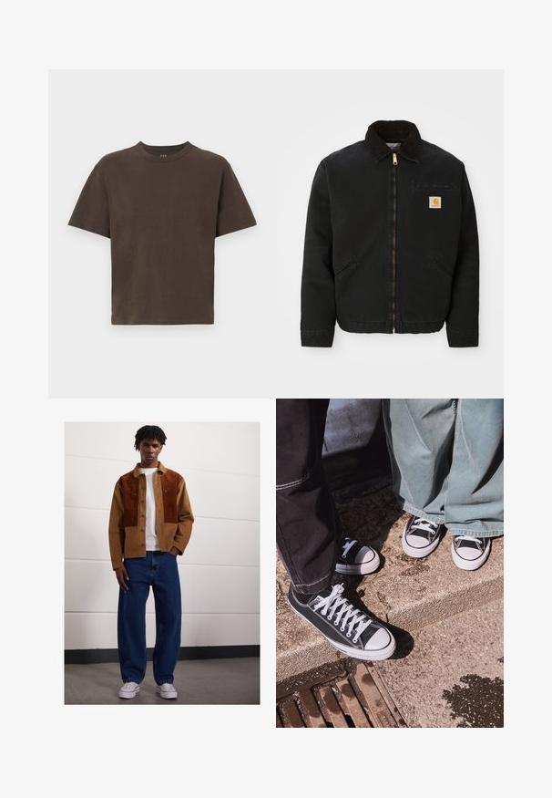 Melns zip-up jaka ar brūnu korduroja apkakli, divām sānu kabatām un mazu kvadrātveida Carhartt logotipa uzšuvumu kreisajā krūtī.; Brūns kokvilnas T-krekls ar īsām piedurknēm un apaļu dekoltē. Gluda tekstūra, minimālistisks dizains, bez rakstiem vai papildu detaļām.; Vīrietis stāv telpās, ģērbies brūnā korduroja jaciņā ar rūsas pleķiem, baltā T-kreklā, brīvās zilās džinsās un baltās sporta kurpēs.; Melnas kanvas zemo profilu kedas ar baltām gumijas purngaliem un šņorēm, apvienotas ar platām zaļām džinsa biksēm, uz teksturētas akmens virsmas.