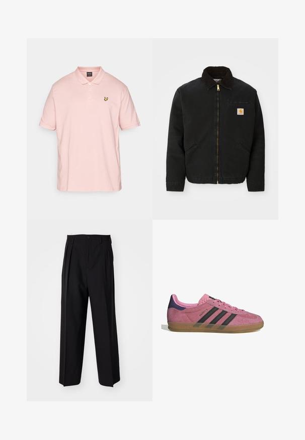 Sort zip-up jakke med brun kordfløjlskrave, to sidelommer og et lille firkantet Carhartt logo patch på venstre bryst.; Lyle & Scott PLAIN - Poloshirts - palm pink; Sorte plisserede bukser med et lige, bred ben-design. Fremstillet af glat stof, med en knaplukning og bæltesløjfer.; Lyserøde ruskinds sneakers med sorte striber, gummisål og struktureret lilla hæl. Har snøredesign og præget branding på siden.